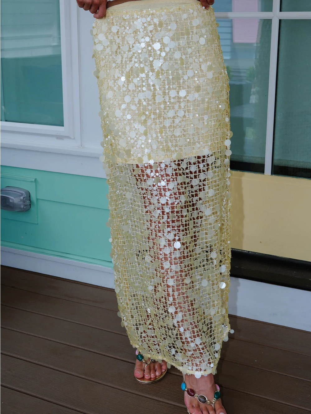 Endless Rose Pale Yellow Sequin Maxi Skirt
